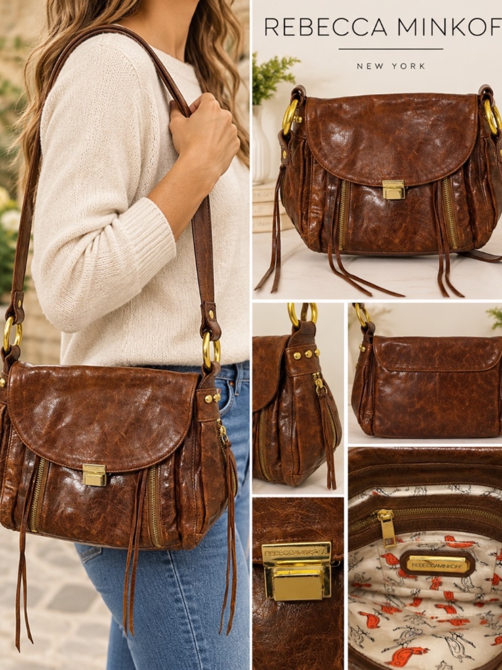 Rebecca Minkoff Y2K Vintage Brown Leather Crossbody Shoulder Bag Gold Hardware